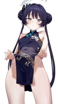 1girl absurdres black_dress black_hair blue_archive blush butterfly_hair_ornament china_dress chinese_clothes closed_mouth clothes_lift commentary_request covered_navel double_bun dragon_print dress dress_lift ears eco_376124 from_below grey_eyes grey_halo hair_bun hair_ornament halo highres kisaki_(blue_archive) lifting_own_clothes long_hair looking_at_viewer looking_down no_panties pelvic_curtain print_dress simple_background sleeveless sleeveless_dress solo sweat sweatdrop thighs twintails white_background