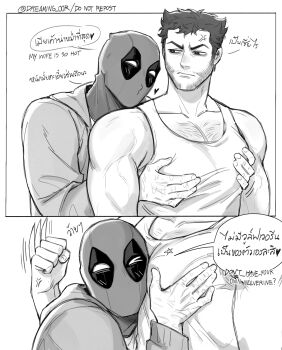 2boys anger_vein bara beard between_pecs between_pectorals blush chest_hair claw_(weapon) closed_mouth commentary_request deadpool deadpool_&amp;_wolverine deadpool_(series) dreaming_oor english_text facial_hair greyscale head_between_pecs highres hug hug_from_behind large_pectorals looking_at_another male_focus marvel mask monochrome multiple_boys muscular muscular_male one_eye_closed open_clothes pectoral_grab pectorals scar short_hair tank_top twitter_username veins veiny_arms weapon wolverine_(x-men) x-men yaoi