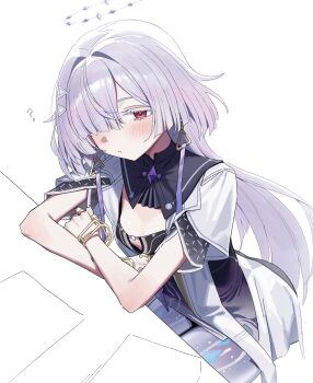 1girl ? absurdres breasts colored_eyelashes commentary_request cropped dress earrings grey_hair hair_intakes hair_ornament hair_over_one_eye halo highres jacket jewelry long_hair looking_at_viewer mornye_(wuthering_waves) parted_lips purple_dress red_eyes sitting small_breasts solo syhan triangle_earrings white_jacket wuthering_waves