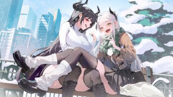 2girls :d absurdres asymmetrical_horns bag behemoth_(nikke) bench black_footwear black_hair black_horns black_skirt black_thighhighs blue_sky boots brown_jacket brown_vest building cat city commentary_request cross-laced_footwear day ear_piercing fang goddess_of_victory:_nikke green_eyes green_scarf handbag highres horns jacket kawa683 knee_boots leg_on_another&#039;s_leg leviathan_(nikke) long_hair looking_at_viewer loose_socks multiple_girls open_clothes open_jacket open_mouth outdoors piercing pleated_skirt red_eyes scarf sharp_teeth siblings sideways_glance sisters sitting skirt sky skyscraper sleeping smile snow snow_on_tree socks socks_over_thighhighs sweater teeth thick_thighs thighhighs thighs tongue turtleneck turtleneck_sweater v vest white_cat white_hair white_socks white_sweater