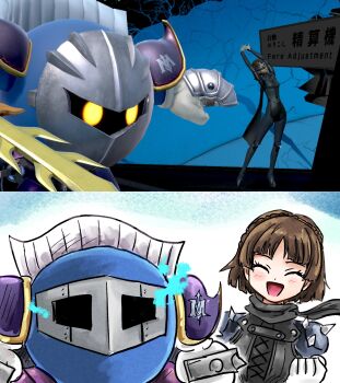 1girl armor biker_clothes bikesuit bodysuit brown_hair closed_eyes galaxia_(sword) game_screenshot_inset gloves grey_mask highres kicdon kirby_(series) mask meta_knight metal_mask niijima_makoto nintendo pauldrons persona persona_5 queen_(persona_5) short_hair shoulder_armor shoulder_spikes spikes stretching super_smash_bros. trait_connection white_gloves