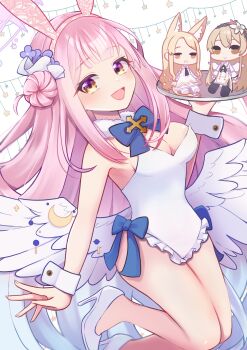 3girls absurdres angel_wings animal_ears blue_archive blue_bow bow breasts cleavage crescent fake_animal_ears feathered_wings flower hair_bun hair_flower hair_ornament halo high_heels highres holding holding_plate leotard light_blush long_hair looking_at_viewer low_wings medium_breasts mika_(blue_archive) multiple_girls nagisa_(blue_archive) open_mouth pink_hair pink_halo plate playboy_bunny purple_eyes seia_(blue_archive) single_hair_bun single_side_bun smile strapless strapless_leotard tea_party_(blue_archive) very_long_hair white_leotard white_wings wing_ornament wings yokuto