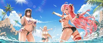 3girls amphitrite_(last_origin) ass blonde_hair blue_sky blush breasts brown_hair closed_eyes cloud cloudy_sky day hand_on_own_chest highres huge_breasts last_origin long_hair looking_back melite_(last_origin) mountain multiple_girls navel ocean one_eye_closed open_mouth orange_eyes palm_tree pink_hair pony purple_eyes salacia_(last_origin) salute skirt sky smile star-shaped_pupils star_(symbol) starfish sunlight swimsuit symbol-shaped_pupils taesi tree water wet
