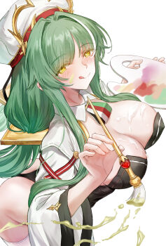:q azur_lane black_leotard blush breasts cleavage cross-shaped_pupils green_hair hair_intakes hat horned_hat highres holding holding_brush holding_paintbrush large_breasts leotard long_hair looking_at_viewer nya_kirin paint_on_body paint_splatter paintbrush paint_palette raffaello_(azur_lane) shrug_(clothing) simple_background symbol-shaped_pupils tongue tongue_out white_background white_hat white_shrug x_x yellow_eyes
