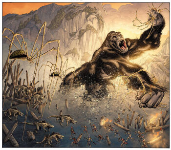 ape archery arrow_(projectile) bleeding blood bow_(weapon) bug colored_blood cross_promotion death_jackal drew_johnson fire gorilla iwi kaiju king_kong king_kong_(series) kong:_skull_island legendary_pictures monsterverse mother_longlegs mountain muscular muscular_male nature official_art orange_blood polearm scar scar_on_face skull_island:_the_birth_of_kong spear spider tie-in tree warrior weapon