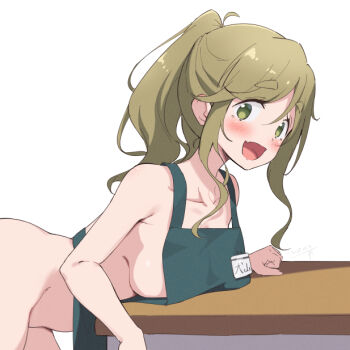 1girl apron blush breasts brown_hair cleavage collarbone fang green_apron green_eyes inuyama_aoi large_breasts long_hair looking_at_viewer miso_(misomiso_154) open_mouth simple_background skin_fang solo table thick_eyebrows white_background yurucamp