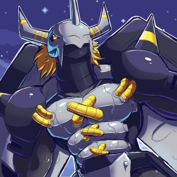 absurdres armor black_armor black_skin blackwargreymon blonde_hair colored_skin commentary digimon digimon_(creature) dragon fake_horns hashtag-only_commentary helmet highres horned_helmet horns mechanical_wings shoulder_spikes spikes symbol-only_commentary wings yellow_eyes youwantstars