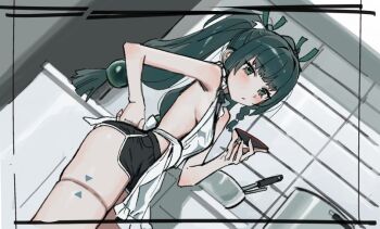 1girl apron blush breasts green_eyes green_hair looking_at_viewer nearly_naked_apron qingyi_(zenless_zone_zero) small_breasts solo syhan twintails zenless_zone_zero