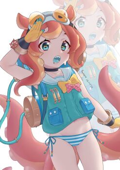 Rule 34 | 1girl, absurdres, bikini, bilingual commentary, blue bikini, blue tongue, character request, colored tongue, commentary, dated, english commentary, gloves, highres, mixed-language commentary, monster girl, open mouth, orange hair, princess connect!, ruinone, rurui (princess connect!), sailor collar, scylla, sharp teeth, side-tie bikini bottom, signature, simple background, striped bikini, striped clothes, swimsuit, teeth, tentacle hair, tentacles, variant set, white background, white sailor collar, yellow gloves, zoom layer