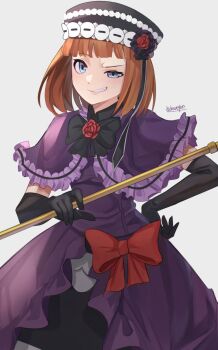 Rule 34 | 1girl, beret, black bow, black gloves, black hat, black skirt, blue eyes, bob cut, bow, capelet, daweykun, dress, dress bow, elbow gloves, eva beatrice, evil smile, flower, frilled capelet, frills, furrowed brow, gloves, hands on own hips, hat, highres, holding, holding staff, looking at viewer, narrowed eyes, orange hair, purple capelet, purple dress, red bow, red flower, red rose, rose, short hair, signature, skirt, smile, staff, umineko no naku koro ni, white background