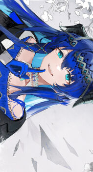 1girl absurdres ambience_synesthesia arknights blue_eyes blue_gloves blue_hair commentary_request ema_(kuguiema) gloves hair_between_eyes highres horns index_finger_raised long_hair looking_at_viewer mostima_(arknights) mostima_(ethereal_harmony)_(arknights) open_mouth solo teeth upper_teeth_only