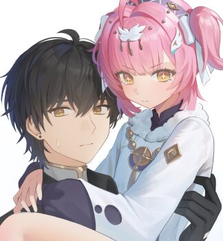 Rule 34 | 1boy, 1girl, absurdres, adoptive parent and adoptive child, aemeath (wuthering waves), ahoge, black gloves, black hair, bow, carrying, closed mouth, commentary, dalmo (pafe2444), father and daughter, gloves, hair between eyes, hair bow, hair intakes, hair ornament, highres, looking at viewer, male rover (wuthering waves), orange eyes, pink hair, rover (wuthering waves), short hair, star-shaped pupils, star (symbol), sweatdrop, symbol-only commentary, symbol-shaped pupils, tearing up, white bow, wuthering waves, yellow eyes