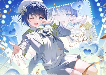 1girl ;d artist_name azit_(down) balloon beret blue_bow blue_bowtie blue_eyes blue_hair blush bob_cut bow bowtie camera collared_shirt colored_lapels commentary_request confetti guest_art hand_up happy_birthday hat hat_bow heart_balloon highres itsuka_hanasaku_stage_e_(project_sekai) jacket kiritani_haruka lapels long_sleeves looking_at_viewer official_alternate_costume official_art one_eye_closed open_clothes open_jacket open_mouth outstretched_arm project_sekai ribbon second-party_source shirt short_hair skirt smile solo stage streamers sweater tv_camera white_bow white_hat white_jacket white_shirt white_skirt white_sweater