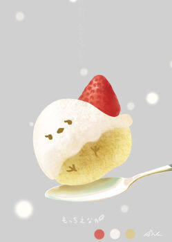 absurdres animal animal_focus bird cake color_guide commentary_request food food-themed_creature fruit highres long-tailed_tit makoron117117 no_humans original spoon strawberry tit_(bird)