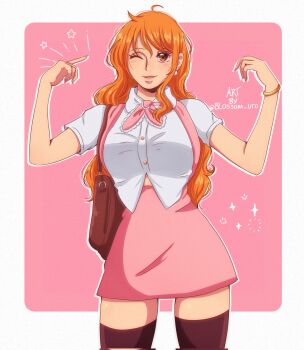 Rule 34 | 1girl, bag, bangle, blossom uto, border, bow, bowtie, bracelet, brown bag, brown eyes, brown thighhighs, collared shirt, commentary, cowboy shot, earrings, english commentary, hands up, highres, jewelry, light blush, long hair, looking at viewer, nami (one piece), one eye closed, one piece, orange hair, parted lips, pearl earrings, pink background, pink bow, pink bowtie, pink skirt, shirt, short sleeves, shoulder bag, single sidelock, skirt, solo, star (symbol), straight-on, thighhighs, twitter username, wavy hair, white border, white shirt