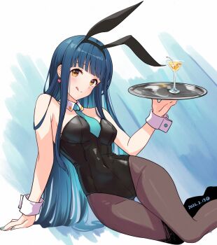 Rule 34 | 1girl, animal ear hairband, animal ears, aqua nails, aqua necktie, black ears, black hairband, black leotard, black pantyhose, blue eyes, blunt bangs, bow, bowtie, breasts, brown eyes, cocktail glass, commentary request, covered navel, cup, damokan66, detached collar, drinking glass, earrings, fake animal ears, hairband, heart, heart earrings, highleg, highleg leotard, highres, holding, holding tray, idolmaster, idolmaster million live!, jewelry, kitakami reika, leotard, licking lips, long hair, looking at viewer, medium breasts, necktie, pantyhose, rabbit ear hairband, rabbit ears, shindan maker, sitting, solo, strapless, strapless leotard, tongue, tongue out, tray, white wrist cuffs, wrist cuffs, yokozuwari