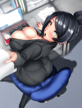 1girl ass bijin_onna_joushi_takizawa-san black_hair breasts bursting_breasts business_suit chair cleavage computer earrings female_focus formal_clothes from_above hair_bun highres holding holding_paper jewelry large_breasts mature_female mole office_chair office_lady open_mouth pantylines paper single_hair_bun sitting solo suit swept_bangs swivel_chair takizawa_kyouko tama_(tamakaka1031) yellow_eyes