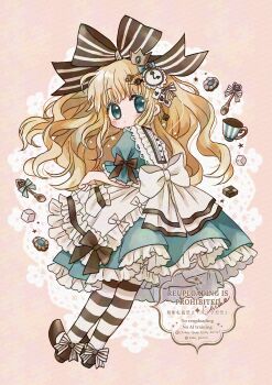 1girl absurdres alice&#039;s_adventures_in_wonderland alice_(alice_in_wonderland) aqua_dress aqua_eyes blonde_hair chiko_(star_pocco) clock_hair_ornament commentary_request cookie cup dress food full_body highres looking_at_viewer looking_back pantyhose petticoat ribbon short_dress short_sleeves spoon striped_clothes striped_pantyhose striped_ribbon sugar_cube teacup watermark