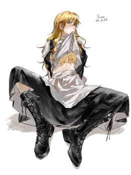 1girl absurdres aihara-rina apron arms_behind_back artist_name black_boots black_dress black_vest blonde_hair blush boots bow braid chinese_commentary clothes_in_mouth clothes_lift commentary_request dated dress earrings highres jewelry kirisame_marisa no_bra red_bow scratches shirt shirt_lift simple_background single_braid sitting solo stud_earrings touhou vest waist_apron white_background white_shirt yellow_eyes