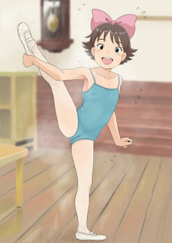 1girl :d athletic_leotard ballerina ballet black_eyes blue_leotard blurry blurry_background blush bow brown_hair cameltoe classroom clock collarbone covered_erect_nipples desk eyelashes female_focus flat_chest flying_sweatdrops gake_no_ue_no_ponyo hair_bow highres indoors kumiko_(ponyo) leotard loli looking_at_viewer mizukane open_mouth pantyhose pink_bow short_hair smile solo split standing standing_on_one_leg standing_split studio_ghibli sweat thighs trembling wall_clock