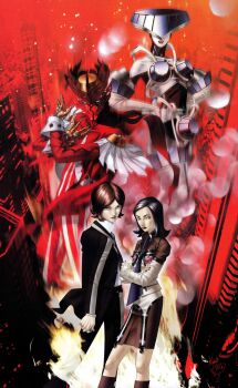 1boy 1girl absurdres amano_maya apollo_(persona_2) artemis_(persona_2) black_hair boots brown_hair crossed_arms heart highres kazuma_kaneko necktie official_art persona persona_(summon) persona_2 persona_2_tsumi photoshop_(medium) school_uniform seven_sisters_high_school_uniform shiraishi_megumi_(colorist) short_hair signature skirt suou_tatsuya third-party_source