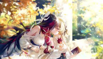 2girls absurdres alternate_costume autumn_leaves bare_shoulders black_hair blonde_hair blurry book closed_eyes columbina_(genshin_impact) detached_sleeves dress facing_another genshin_impact highres holding holding_book imminent_kiss leaf long_hair long_sleeves multiple_girls outdoors parted_lips purple_hair sandrone_(genshin_impact) sitting swkl:d very_long_hair white_dress yuri