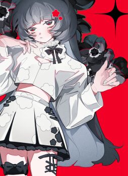 1girl absurdres black_bow black_bowtie black_flower black_ribbon black_rose blunt_bangs bow bowtie breasts cleavage cleavage_cutout closed_mouth clothing_cutout commentary_request crop_top cropped_shirt expressionless facing_viewer film_grain flower frills full_body grey_eyes grey_hair hair_flower hair_ornament hand_on_own_chest hands_up head_tilt high-waist_skirt highres long_hair long_sleeves looking_up midriff miniskirt multicolored_eyes nail_polish no_sclera original petticoat pleated_skirt puffy_long_sleeves puffy_sleeves red_eyes red_flower ribbon rose shirt skirt small_breasts solo sparkle standing straight-on thigh_strap toasu two-tone_eyes very_long_hair white_nails white_shirt white_skirt