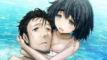 1boy 1girl aqua_eyes beard_stubble bikini black_hair blue_eyes blue_hat bob_cut bow breast_pillow breasts cheek-to-breast cheek_press choker collar collarbone day dripping dutch_angle embarrassed facial_hair frilled_bikini frilled_collar frills game_cg grey_eyes hair_between_eyes happy hat hat_bow head_hug head_on_chest highres huke in_water large_breasts light_blush liquid looking_afar looking_at_another messy_hair narrowed_eyes non-web_source nostrils official_art okabe_rintarou open_mouth pink_bikini pink_frills pink_lips polka_dot polka_dot_bikini pool ringed_eyes science_adventure shiina_mayuri shiny_lips short_hair sideburns square_pupils steins;gate steins;gate:_my_darling's_embrace stubble swimsuit tareme teeth thick_eyebrows tongue topless_male upper_teeth_only water water_drop wet wet_clothes wet_hair