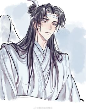 1boy absurdres black_hair blush chinese_clothes closed_mouth expressionless guqin hanfu headband highres instrument_case lan_wangji long_hair long_sleeves looking_at_viewer male_focus modao_zushi robe simple_background solo topknot upper_body wangji_guqin watermark weibo_watermark white_background white_hanfu white_headband xiao_guan_(headdress) xue_ding_ka_fei_du_wei yellow_eyes