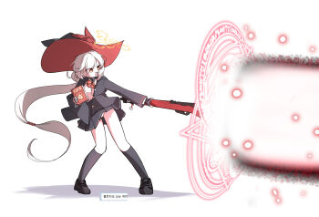 Rule 34 | 1girl, absurdres, black socks, blue archive, bolt action, carcano, commentary request, eri (blue archive), feita, grey jacket, gun, halo, hat, highres, jacket, korean commentary, long hair, panties, red ribbon, ribbon, rifle, shirt, socks, solo, thighs, underwear, weapon, white background, white hair, white panties, white shirt, witch hat, yellow eyes, yellow halo