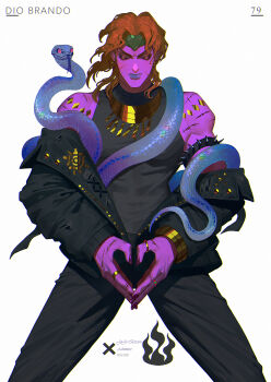 1boy absurdres armlet blonde_hair bracelet closed_eyes commentary copyright_name dio_brando earrings english_commentary gold_bracelet gold_earrings highres hoop_earrings jewelry jojo_no_kimyou_na_bouken simple_background snake spiked_armlet stardust_crusaders veela white_background