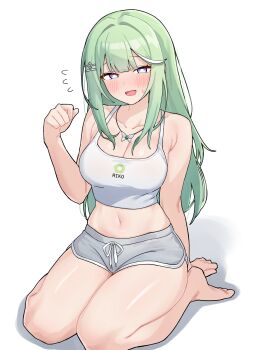 1girl absurdres arm_at_side arm_support barefoot blush breasts bright_pupils butterfly_necklace camisole character_name cleavage clenched_hand commentary crop_top dolphin_shorts double-parted_bangs full_body green_hair grey_shorts hair_ornament hairclip hand_up highres jewelry korean_commentary large_breasts long_hair looking_at_viewer maksagwa midriff multicolored_eyes multicolored_hair navel necklace open_mouth print_camisole purple_eyes raised_inner_eyebrows seiza short_shorts shorts simple_background sitting small_sweatdrop smile solo stellive straight_hair streaked_hair two-tone_eyes virtual_youtuber white_background white_camisole white_pupils yuzuha_riko