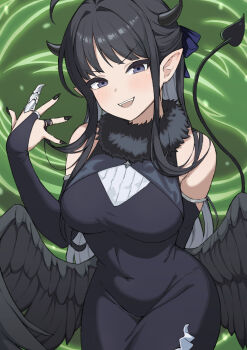 1girl ahoge awa_subaru black_dress black_nails black_wings breasts bridal_gauntlets claw_ring commentary_request demon_girl demon_horns demon_tail dress feathered_wings fur_collar girls_band_cry green_background highres hopeful_wharf horns jewelry looking_at_viewer medium_breasts open_mouth ring sleeveless sleeveless_dress smile solo tail tight_clothes tight_dress wings
