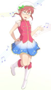 1girl absurdres blush boots braid braided_ponytail breasts commentary_request full_body glasses highres kobayashi-san_chi_no_maidragon kobayashi_(maidragon) kobou31 looking_at_viewer medium_hair miniskirt open_mouth orange_eyes ponytail red_hair simple_background skirt small_breasts solo white_background