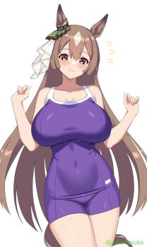 Rule 34 | 1girl, animal ears, breasts, brown eyes, brown hair, closed mouth, commentary request, covered navel, cowboy shot, diamond (shape), ear ornament, horse ears, horse girl, horse tail, large breasts, long hair, looking at viewer, one-piece swimsuit, purple one-piece swimsuit, satono diamond (umamusume), simple background, smile, solo, swimsuit, tail, twitter username, umamusume, very long hair, white background, zukanosuke