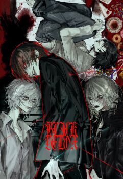 Rule 34 | 4boys, barefoot, black hair, black jacket, black vest, blackvelox, blonde hair, brown hair, collared shirt, death note, facial scar, grey hair, grey pants, hair between eyes, hashtag-only commentary, highres, hugging own legs, jacket, l (death note), male focus, mello (death note), midriff, multiple boys, near (death note), pants, parted lips, red eyes, scar, scar across eye, scar on cheek, scar on face, shirt, short hair, smile, sparkle, suit jacket, upper body, vest, watch, white shirt, wristwatch, yagami light