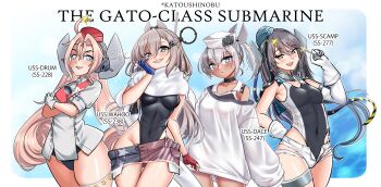 4girls absurdres american_flag american_flag_print american_flag_skirt aqua_hat bell black_choker black_one-piece_swimsuit black_ribbon blonde_hair blue_gloves breasts candy character_name choker coat collar competition_swimsuit covered_navel cowboy_shot dace_(kancolle) denim denim_skirt dixie_cup_hat drum_(kancolle) english_text flag_print flat_chest food garrison_cap garter_straps gloves grey_eyes grey_hair hair_between_eyes hair_ornament hair_ribbon hair_rings hand_on_own_cheek hand_on_own_face hat headgear highleg highleg_one-piece_swimsuit highres holding holding_candy holding_food kantai_collection katou_shinobu lollipop long_hair looking_at_viewer medium_breasts metal_collar microskirt military_hat multiple_girls neck_bell one-piece_swimsuit parted_bangs partially_fingerless_gloves pear-shaped_figure print_skirt red_gloves red_hat ribbon scamp_(kancolle) shirt short_shorts shorts side_ponytail single_garter_strap single_thighhigh skirt sleeves_past_fingers sleeves_past_wrists small_breasts smirk star_(symbol) star_hair_ornament swimsuit swimsuit_under_clothes thick_thighs thighhighs thighs twitter_username two-tone_one-piece_swimsuit very_long_hair wahoo_(kancolle) white_coat white_gloves white_hat white_one-piece_swimsuit white_shirt white_shorts wide_hips yellow_eyes