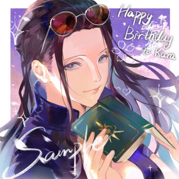 1girl black_hair blue_eyes blue_shirt book eyewear_on_head hair_slicked_back happy_birthday heart high_collar highres holding holding_book long_hair looking_at_viewer lucis0407 nico_robin one_piece petals shirt smile sparkle