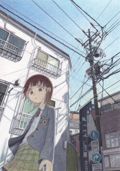 1girl apartment balcony blazer blue_sky blunt_bangs building city cityscape collared_shirt colored_pencil_(medium) commentary day dutch_angle from_below green_skirt grey_jacket hair_ornament hairclip highres iwakura_lain jacket long_sleeves looking_at_viewer omure_small_group outdoors perspective plaid_clothes plaid_skirt pleated_skirt power_lines red_hair road road_sign school_uniform serial_experiments_lain shirt short_hair sign skirt sky solo standing street surprised traditional_media untranslatable_commentary utility_pole white_shirt wide-eyed wind x_hair_ornament