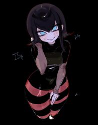 Rule 34 | 1girl, black background, black dress, black hair, blue eyes, blush, breasts, dress, highres, hotel transylvania, mavis dracula, pantyhose, short hair, simple background, small breasts, striped clothes, striped pantyhose, usa37107692, wide hips