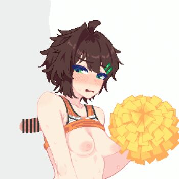 1boy 1girl animated animated_gif armpit_sex bar_censor blush breasts brown_hair censored cheerleader clothes_lift commentary_request disembodied_penis green_eyes hair_ornament hanekenomichi-chan hetero hurumero nipples original paid_reward_available penis pom_pom_(cheerleading) short_hair small_breasts solo_focus