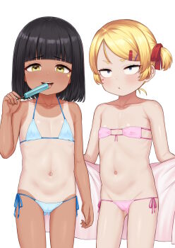 2girls arm_at_side atg_(wttoo0202) bare_arms bare_shoulders bikini black_hair blonde_hair blue_bikini blue_eyes blunt_bangs bob_cut collarbone commentary_request cowboy_shot eating eyepatch_bikini flat_chest food gluteal_fold heart heart_sticker highres holding holding_food holding_popsicle holding_towel loli looking_at_viewer lowleg lowleg_bikini micro_bikini multiple_girls navel one-piece_tan open_towel original paid_reward_available pink_bikini popsicle sanpaku short_hair side-by-side simple_background star_(symbol) star_sticker sticker sticker_on_face stomach swimsuit tan tanline thick_eyebrows towel v-shaped_eyebrows white_background yellow_eyes