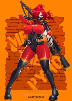 Rule 34 | 1girl, absurdres, artist name, black boots, black gloves, bodysuit, boots, breasts, commission, explosive, flamethrower, full body, gas mask, genderswap, genderswap (otf), gloves, grenade, hair over one eye, highres, holding, holding flamethrower, holding weapon, impossible bodysuit, impossible clothes, large breasts, latex, latex bodysuit, long hair, looking at viewer, mask, orange background, pyro (tf2), red bodysuit, red eyes, red hair, red pyro (tf2), respirator, solo, standing, team fortress 2, thigh boots, weapon, zexen