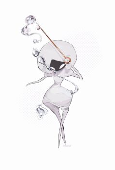 1girl black_skin blank_eyes colored_skin full_body highres hightguy holding holding_weapon hollow_knight hollow_knight:_silksong lace_(hollow_knight) long_sleeves pin_(hollow_knight) puffy_sleeves solo standing twitter_username weapon