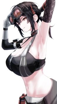 1girl absurdres adjusting_eyewear ahoge arm_up arm_warmers armpits asymmetrical_gloves black_choker black_gloves black_hair black_pants black_sports_bra breasts choker cleavage collarbone cowboy_shot crop_top elbow_gloves explosive fishnet_gloves fishnets gloves goggles goggles_on_head grace_howard grenade hair_between_eyes highres large_breasts long_hair looking_at_viewer midriff mismatched_gloves mojio_(uhst5425) navel orange_eyes pants parted_lips sidelocks simple_background single_bare_shoulder single_elbow_glove smile solo sports_bra standing white_background white_gloves zenless_zone_zero zipper zipper_pull_tab