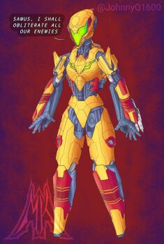 absurdres arm_cannon armor artist_logo artist_name assault_visor commentary english_commentary english_text green_visor highres humanoid_robot joints logo mecha mechabare mechanization metroid munch_k nintendo no_feet orange_armor purple_background red_armor red_background robot robot_joints samus&#039;s_gunship shoulder_fins solo speech_bubble twitter_username variant_set weapon