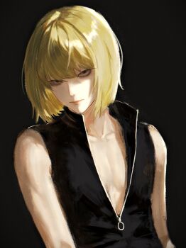 1boy absurdres black_background black_shirt blonde_hair blunt_ends closed_mouth commentary_request death_note dutch_angle highres looking_at_viewer male_focus mello_(death_note) popped_collar sanpaku shima_nagako shirt simple_background sleeveless sleeveless_shirt solo upper_body