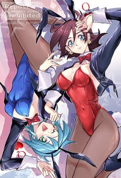 2girls allenby_beardsley animal_ear_hairband animal_ears aqua_hair black_jacket black_pantyhose blue_bow blue_bowtie blue_eyes bow bowtie breasts brown_hair commentary_request covered_navel detached_collar fake_animal_ears g_gundam gundam hair_between_eyes hairband highleg highleg_leotard jacket leotard medium_breasts minakami_monaka multiple_girls one_eye_closed pantyhose playboy_bunny rabbit_ears rabbit_tail rain_mikamura red_bow red_bowtie red_leotard short_hair smile strapless strapless_leotard tail watermark wrist_cuffs