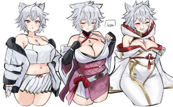 1girl alternate_costume animal_ears breasts camisole cat_ears cat_girl chest_jewel cleavage commission core_crystal_(xenoblade) cosplay cropped_legs curvy fingerless_gloves glimmer_(xenoblade) glimmer_(xenoblade)_(cosplay) gloves highres icoo jacket japanese_clothes large_breasts looking_at_viewer messy_hair mio_(xenoblade) mio_(xenoblade)_(cosplay) monolith_soft na'el_(xenoblade) navel nia_(xenoblade) nia_(xenoblade)_(cosplay) obi sash short_hair skirt smile stomach tank_top white_camisole white_jacket white_skirt white_tank_top xeno_(series) xenoblade_chronicles_(series) xenoblade_chronicles_3 xenoblade_chronicles_3:_future_redeemed yellow_eyes