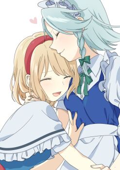 2girls absurdres alice_margatroid apron blonde_hair blue_dress bow bowtie braid capelet closed_eyes closed_mouth collared_shirt commentary_request dress green_bow green_bowtie grey_hair hair_bow hairband heart highres izayoi_sakuya long_hair maid maid_headdress multiple_girls open_mouth pinafore_dress puffy_short_sleeves puffy_sleeves red_hairband shirt short_sleeves simple_background sleeveless sleeveless_dress smile touhou tsuno_no_hito twin_braids waist_apron white_apron white_background white_capelet white_shirt yuri